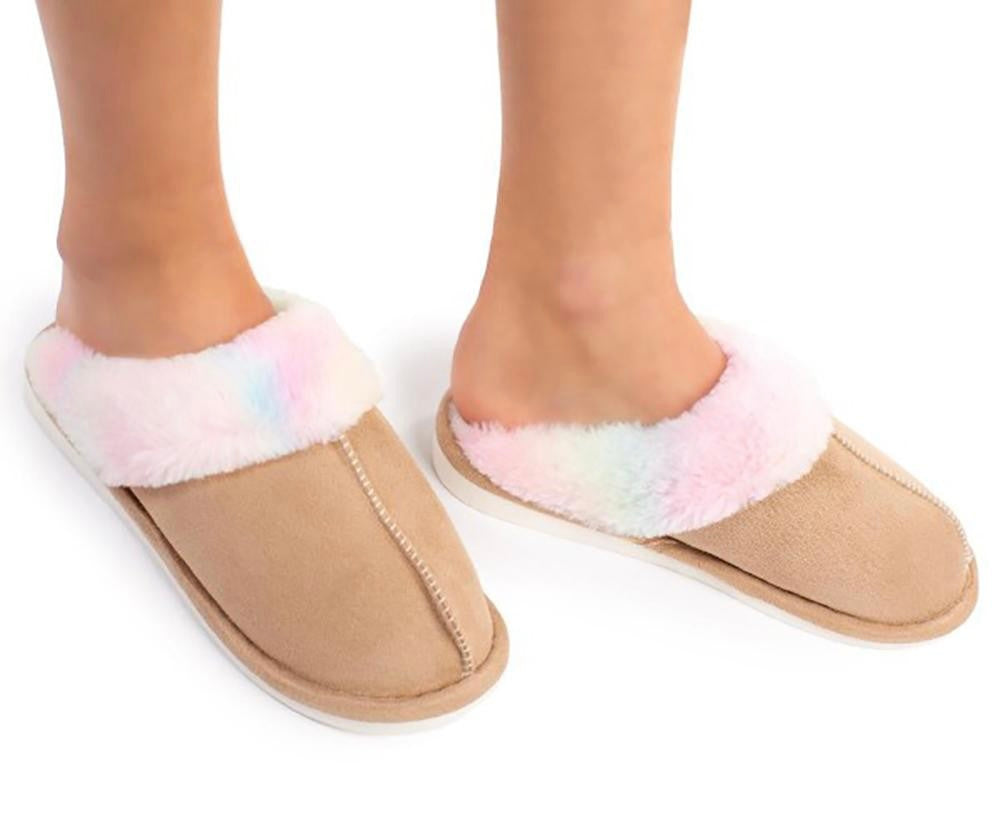 Faux Suede Slippers with Tie-Dye Print Faux Fur Lining