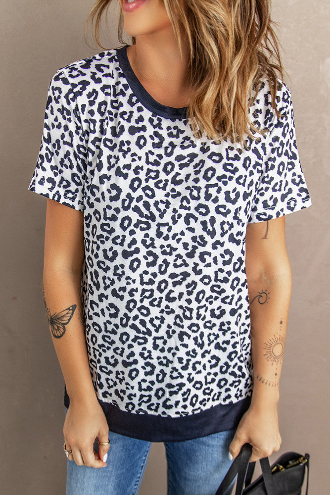 White Crew Neck Leopard Side Split T-shirt