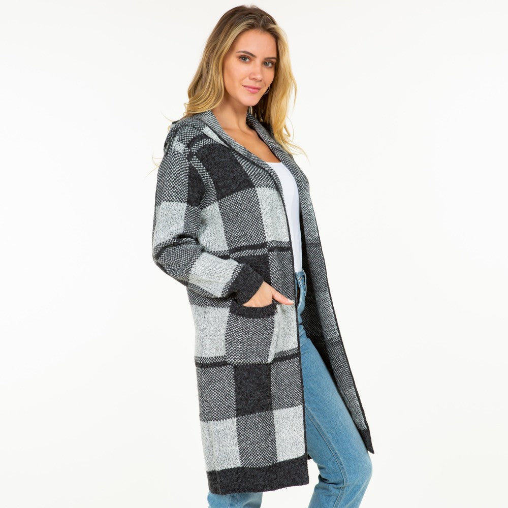 Knit Plaid Long Open Cardigan with Hood and Pockets