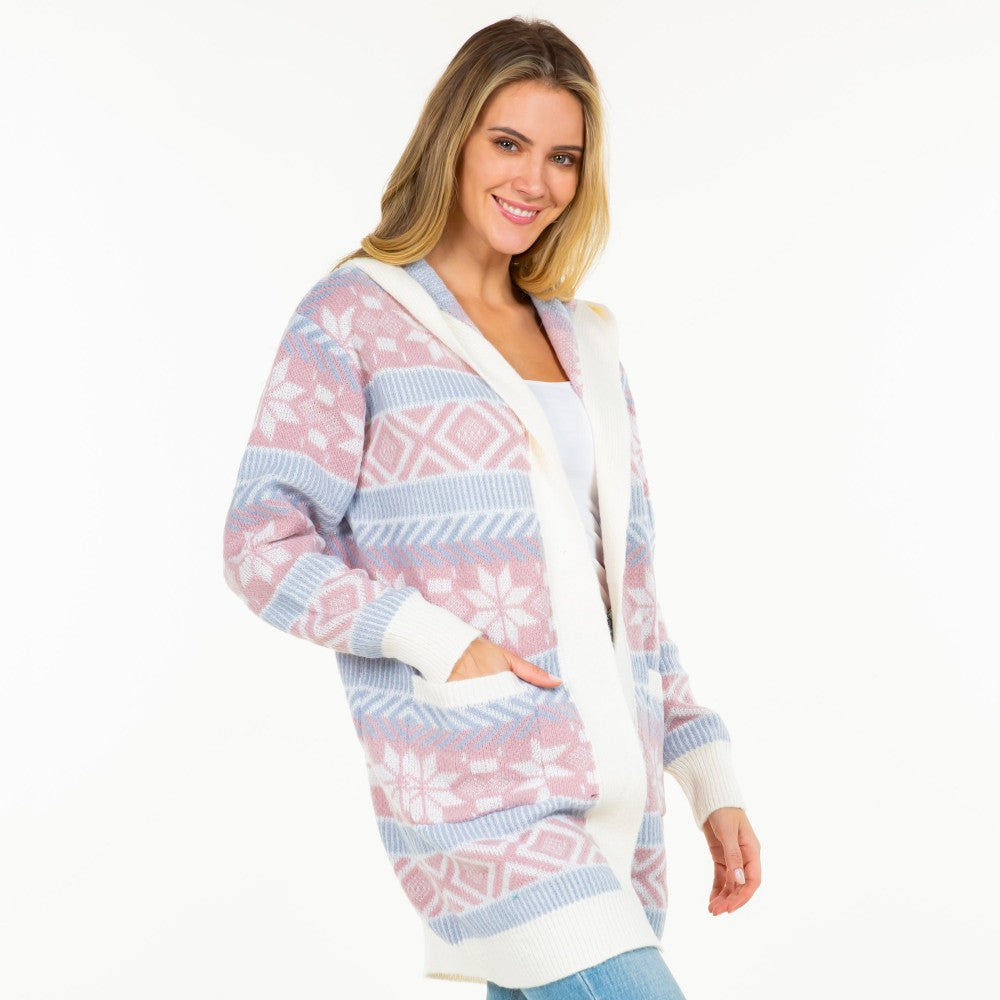 Hooded Knit Abstract and Nordic Snowflake Printed Open Hooded Cardigan