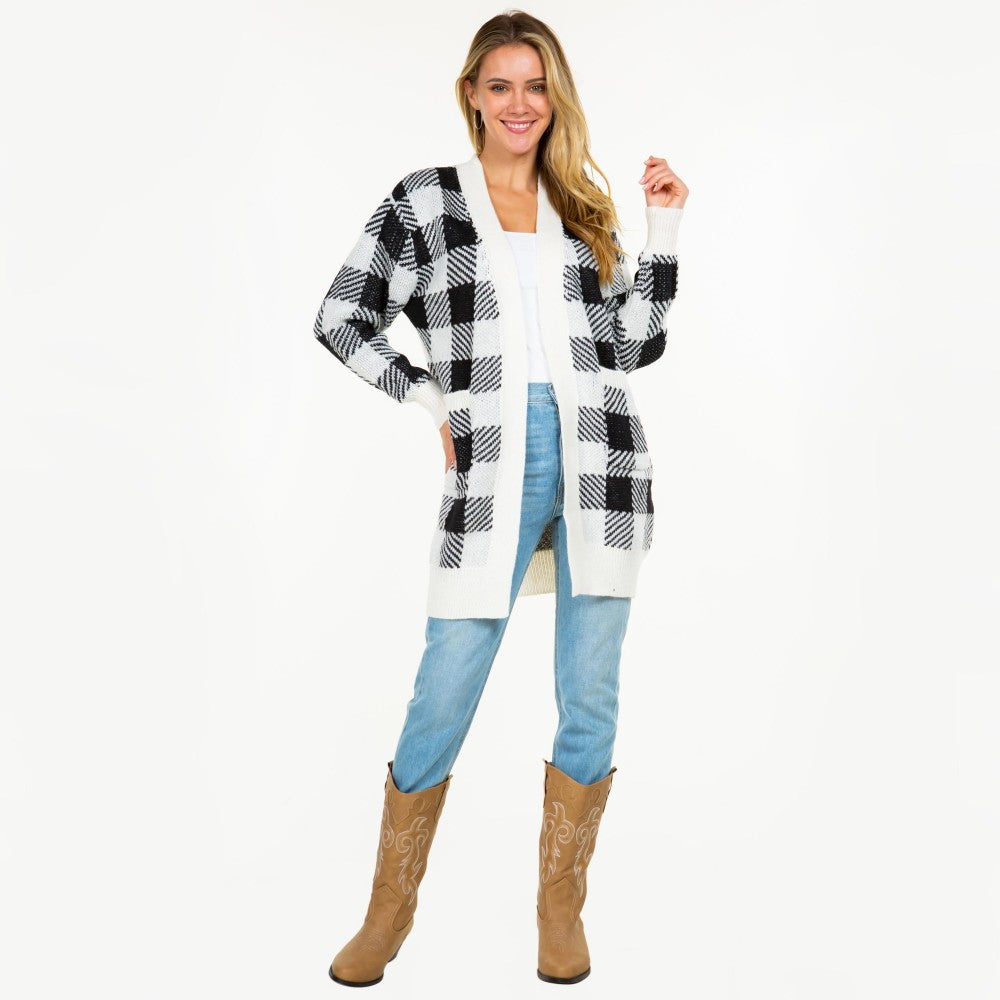 Knit Plaid Open Cardigan with Pockets