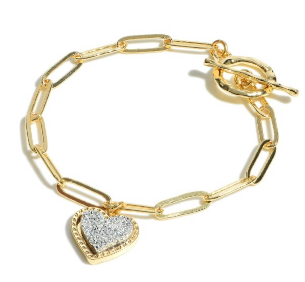 Chain Link Druzy Heart Charm Toggle Bar Bracelet-Multiple Colors Available
