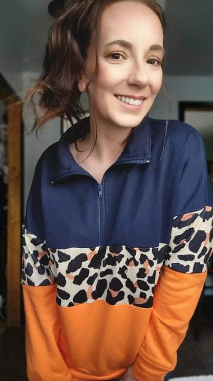 Lizzie’s Leopard Colorblock Zip Neck Pullover Sweatshirt