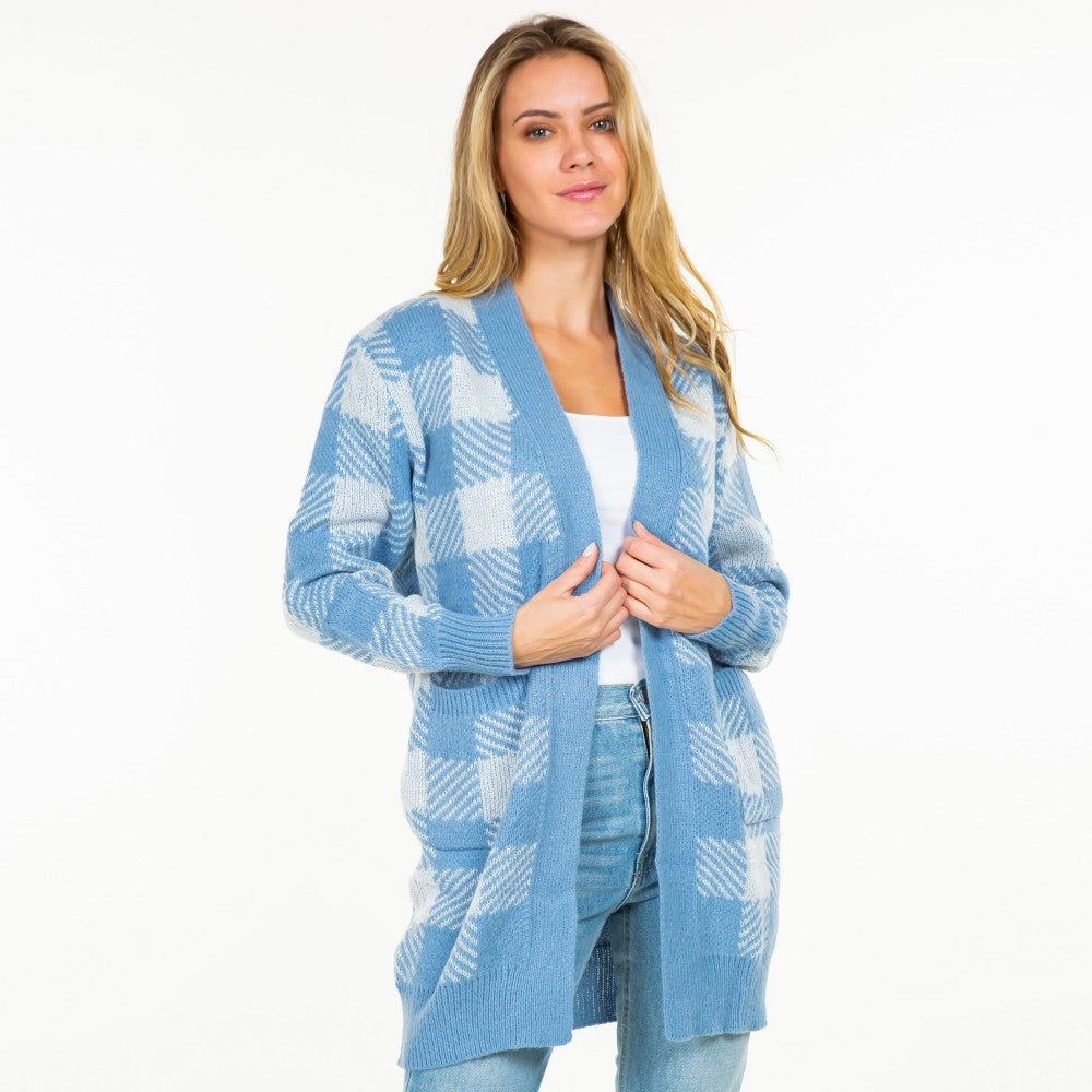 Knit Plaid Open Cardigan with Pockets