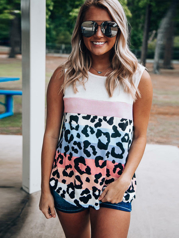 Leopard Color Block Ribbed Sleeveless Tank Top