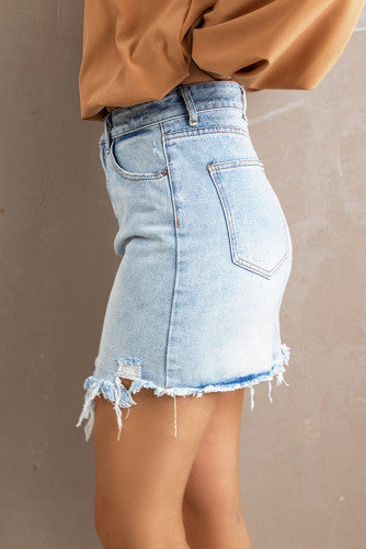Sky Blue Fading Frayed Hem Denim Skirt