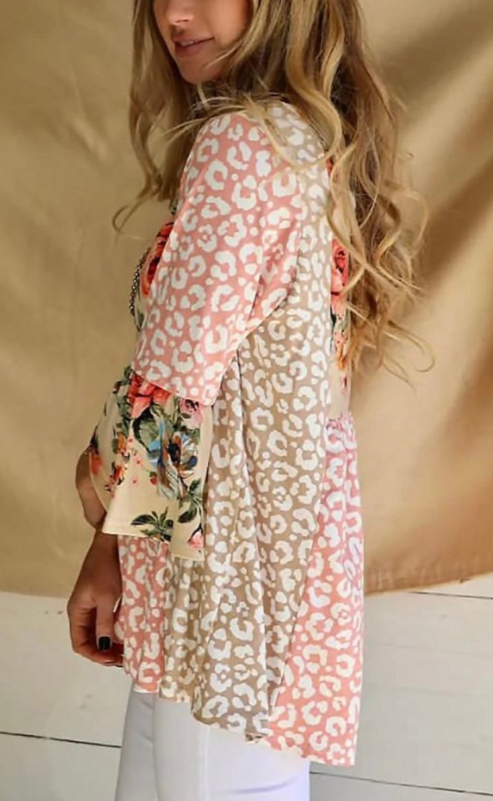 Printed Leopard Floral Patchwork Top