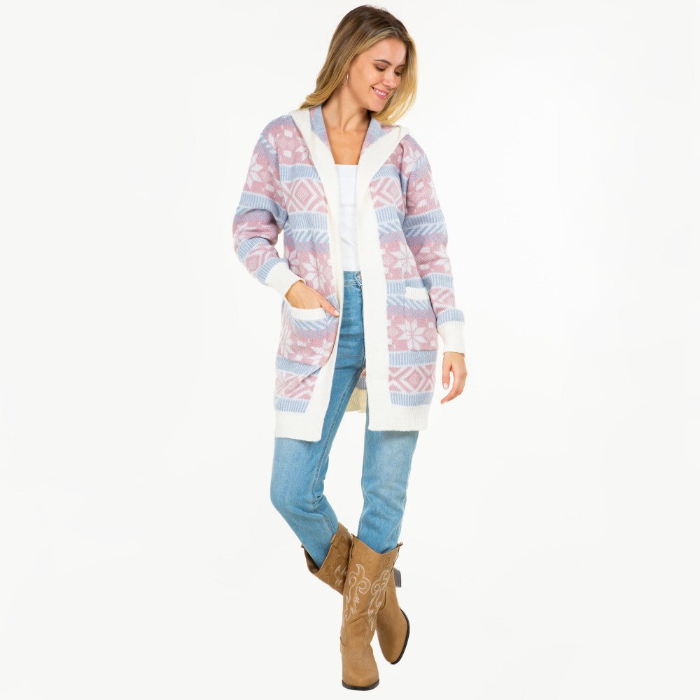 Hooded Knit Abstract and Nordic Snowflake Printed Open Hooded Cardigan
