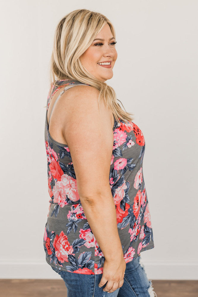 Grey Plus Size Floral Racerback Tank Top