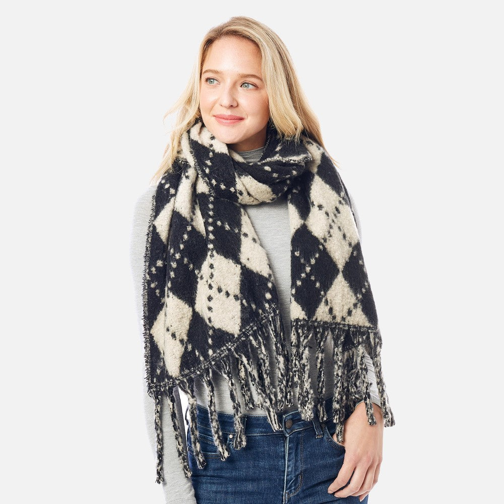 Fuzzy Argyle Scarf with Tassels