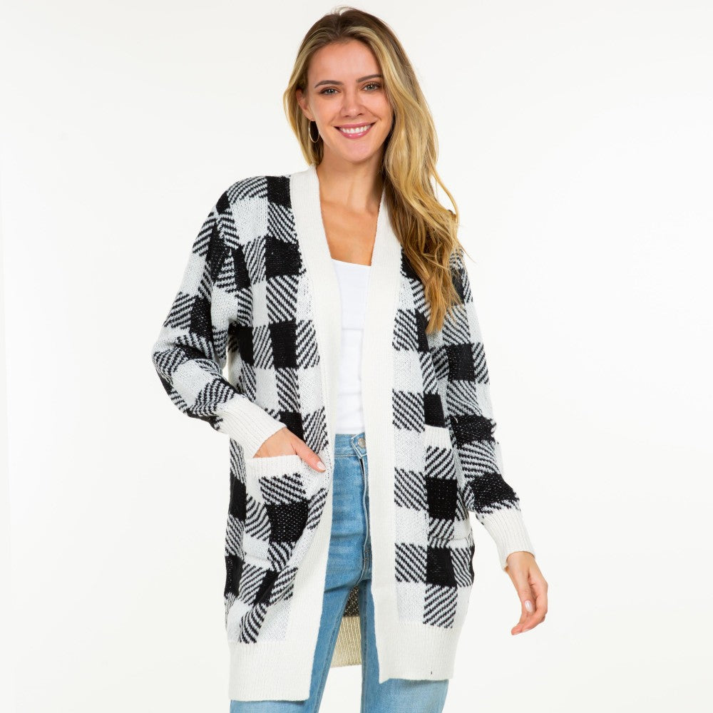 Knit Plaid Open Cardigan with Pockets