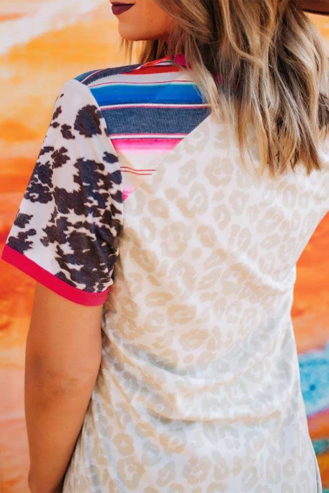 Leopard Cow Colorful Striped Splicing Print Top