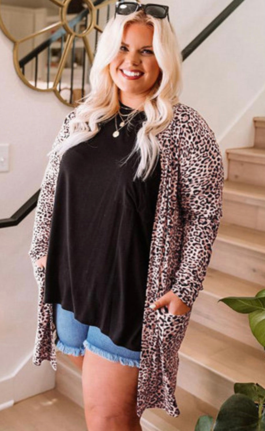 Leopard Print Open Front Cardigan-Curvy