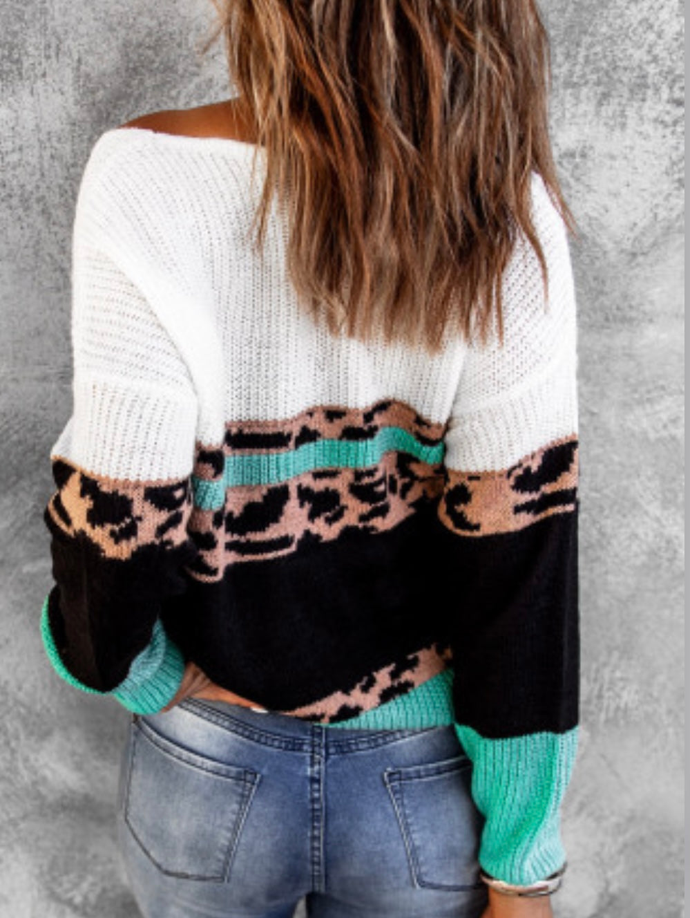 Leopard Print Color Block V Neck Sweater