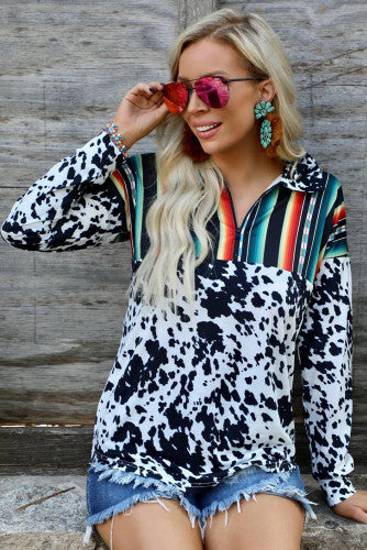 Collared Cow Print Serape Pullover