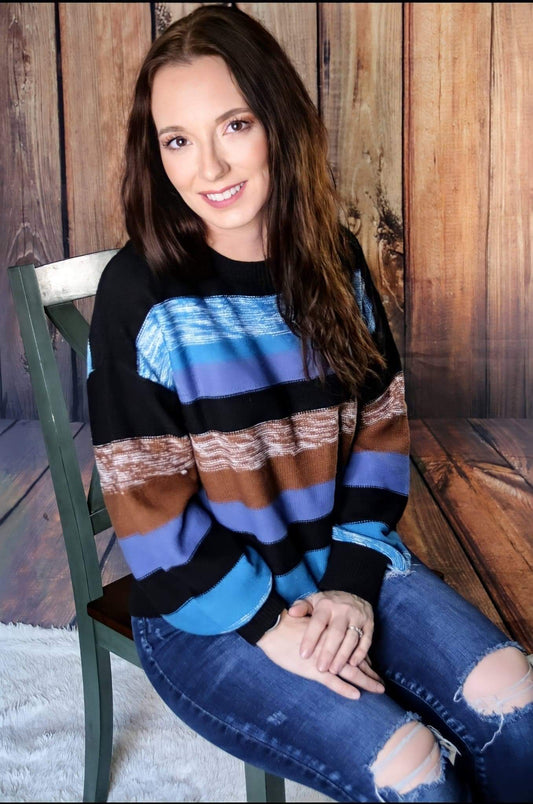 Blue Color Block Highlight Balloon Sleeve Sweater