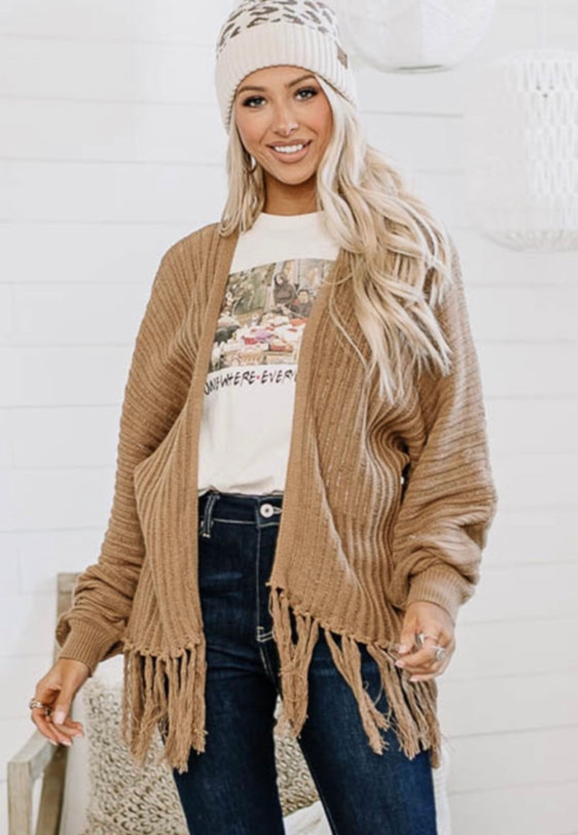 Khaki Open Front Fringed Cardigan