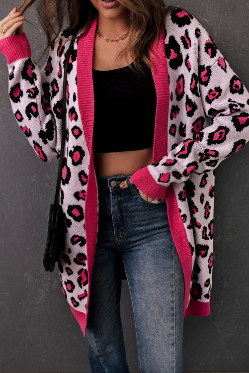 Rose Leopard Ribbed Trim Knitted Open Front Cardigan