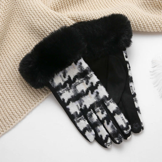 Faux Fur Cuff Houndstooth Gloves