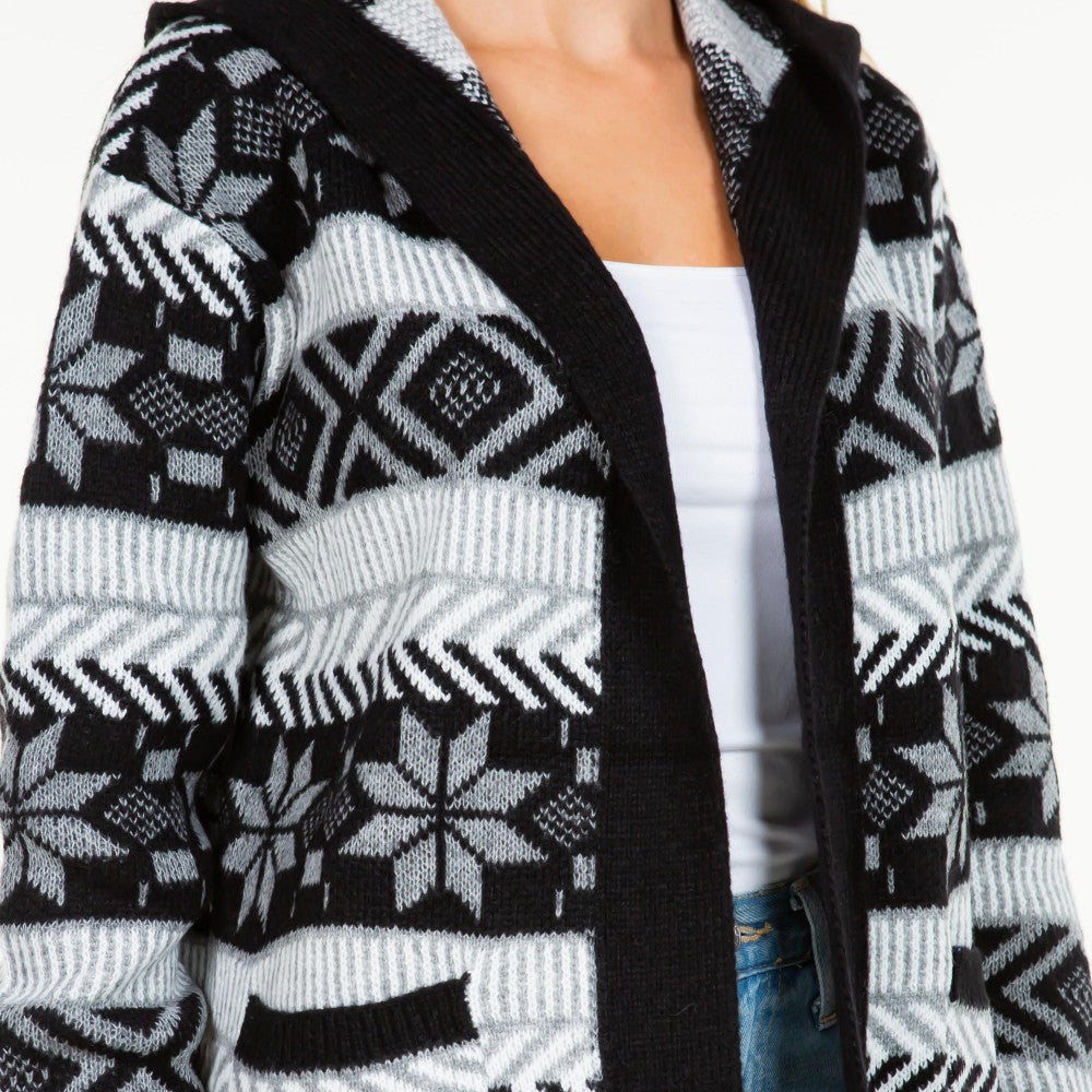 Hooded Knit Abstract and Nordic Snowflake Printed Open Hooded Cardigan