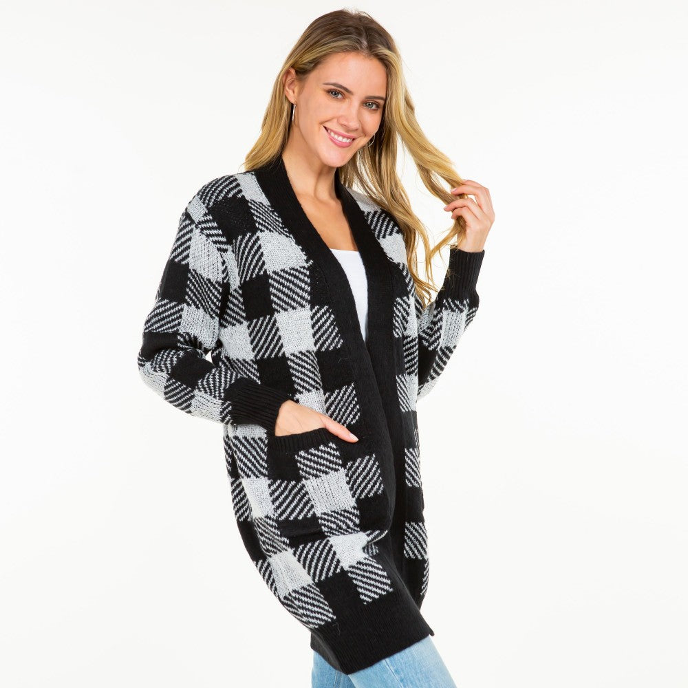 Knit Plaid Open Cardigan with Pockets