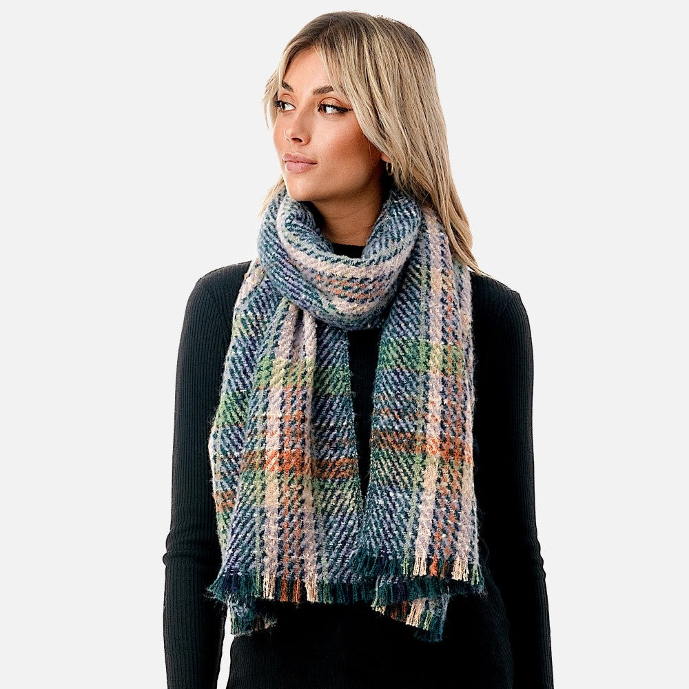 Fuzzy Plaid Scarf With Fringe Hemline-3 Colors