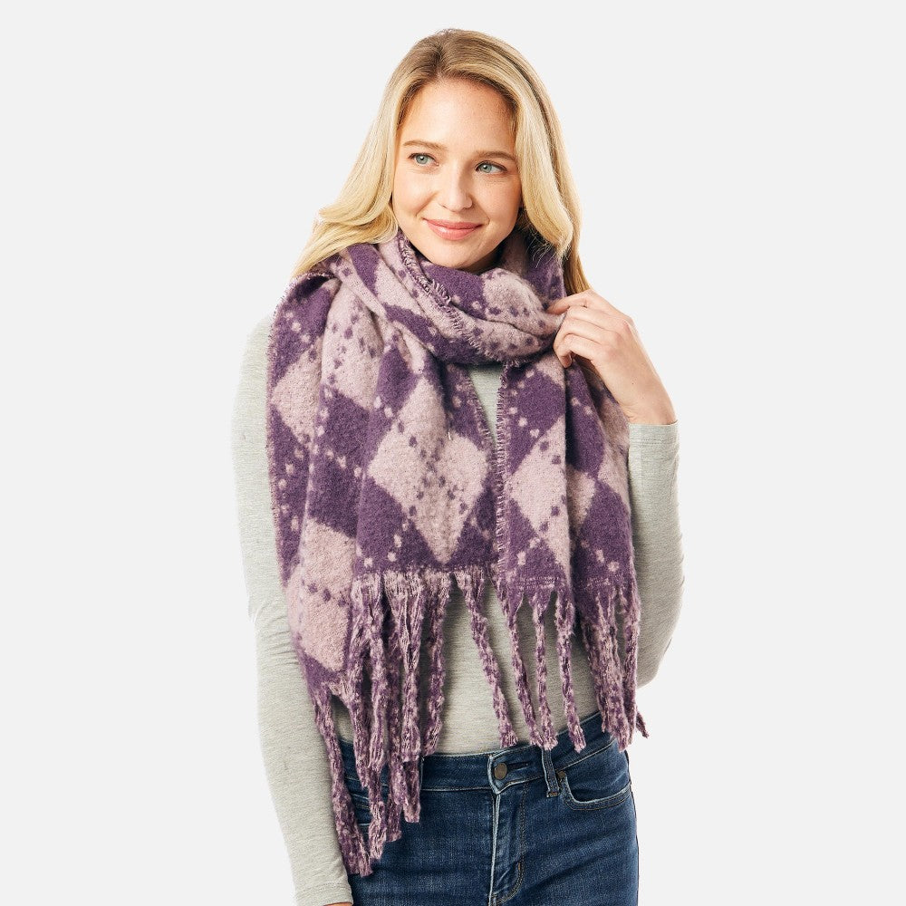 Fuzzy Argyle Scarf with Tassels