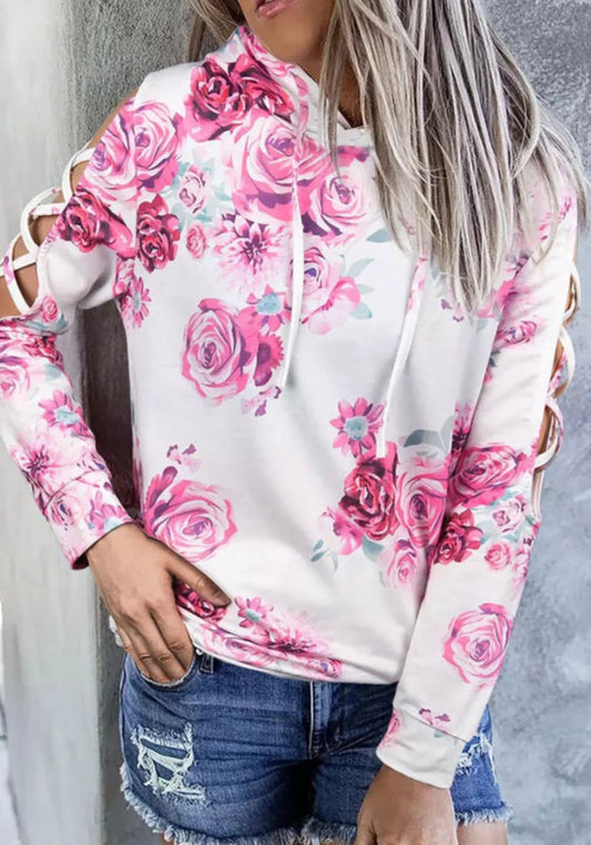 White Cold Shoulder Floral Hoodie