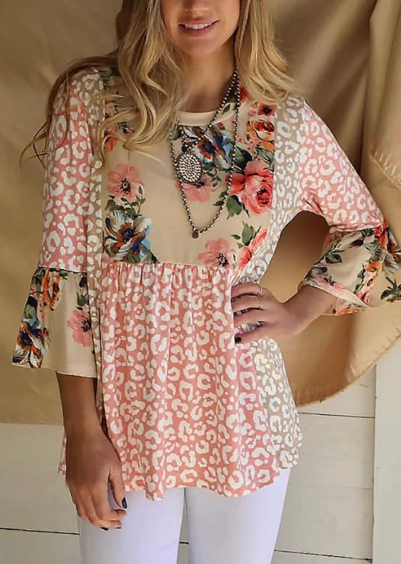 Printed Leopard Floral Patchwork Top