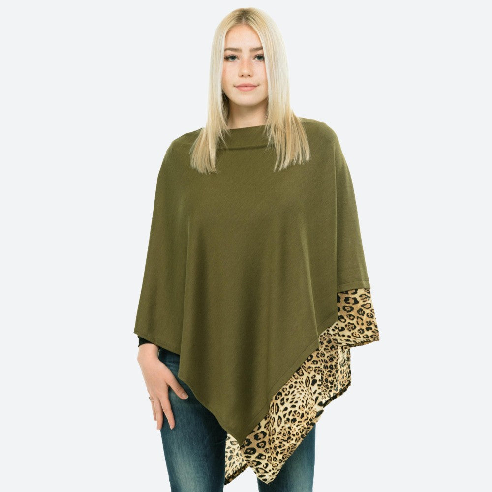 Leopard Trimmed Lightweight Knit Poncho-3 Colors