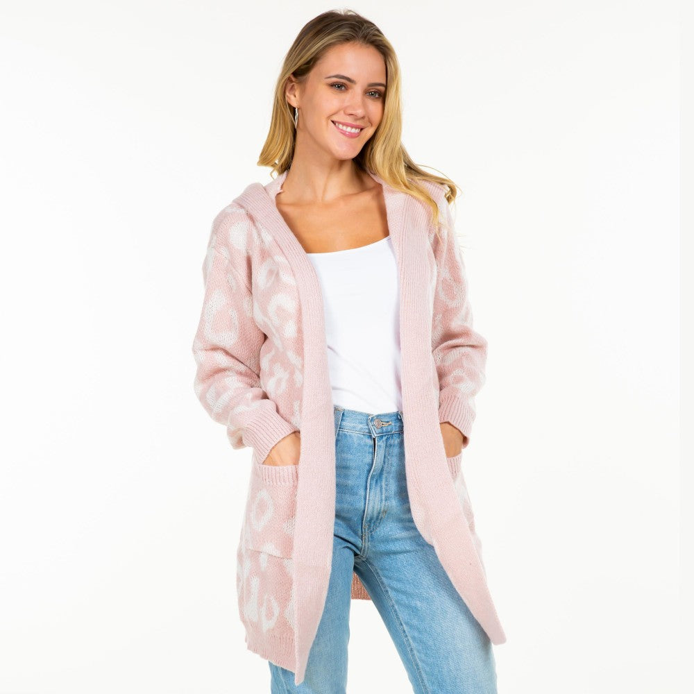 Knit Leopard Print Open Cardigan with Hood and Pockets