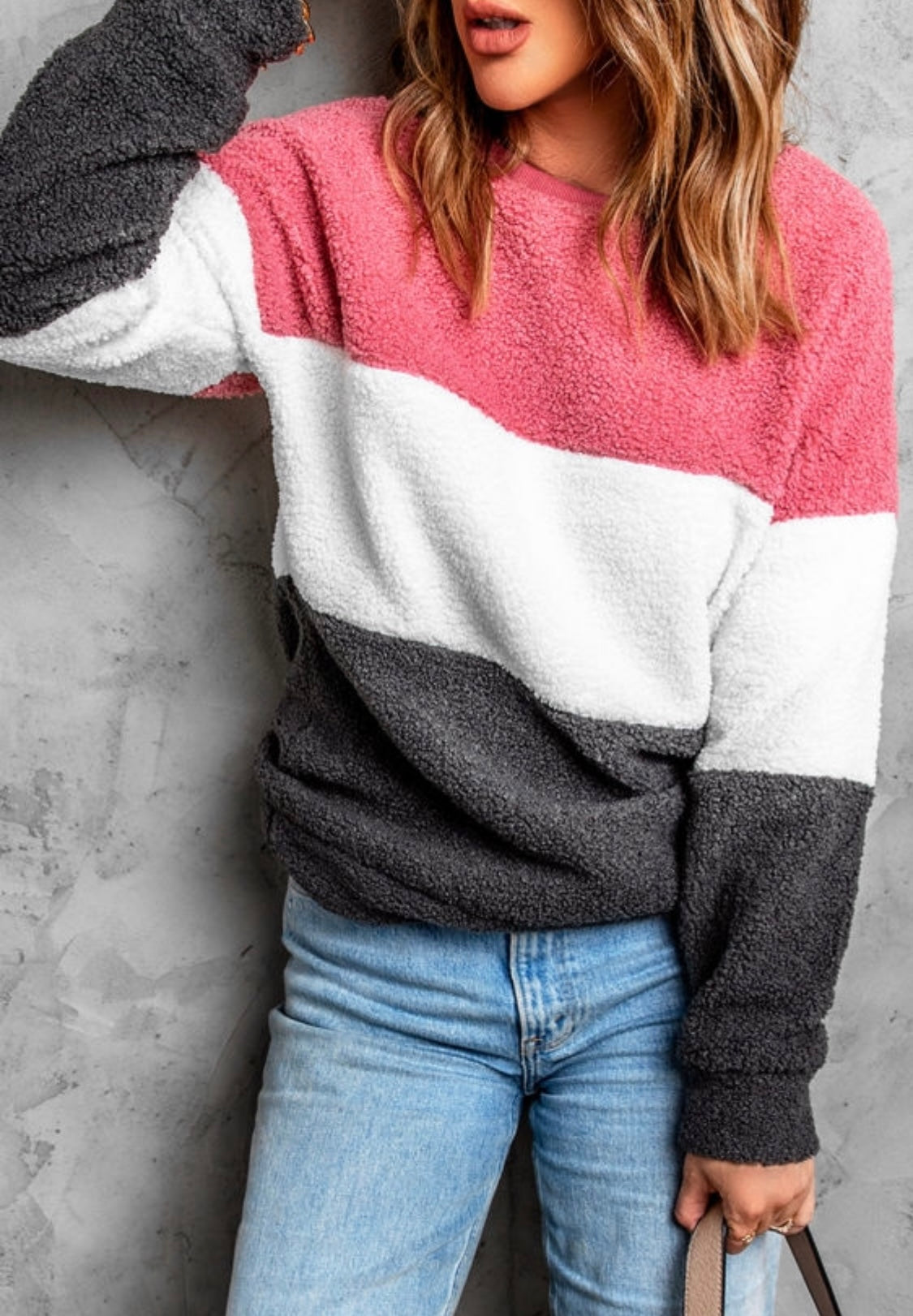 Pink Oversized Colorblock Plush Sweatshirt