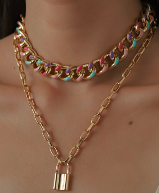 Rainbow Layered Necklace W/ Lock- Statement Piece