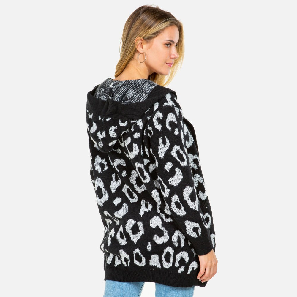 Knit Leopard Print Open Cardigan with Hood and Pockets