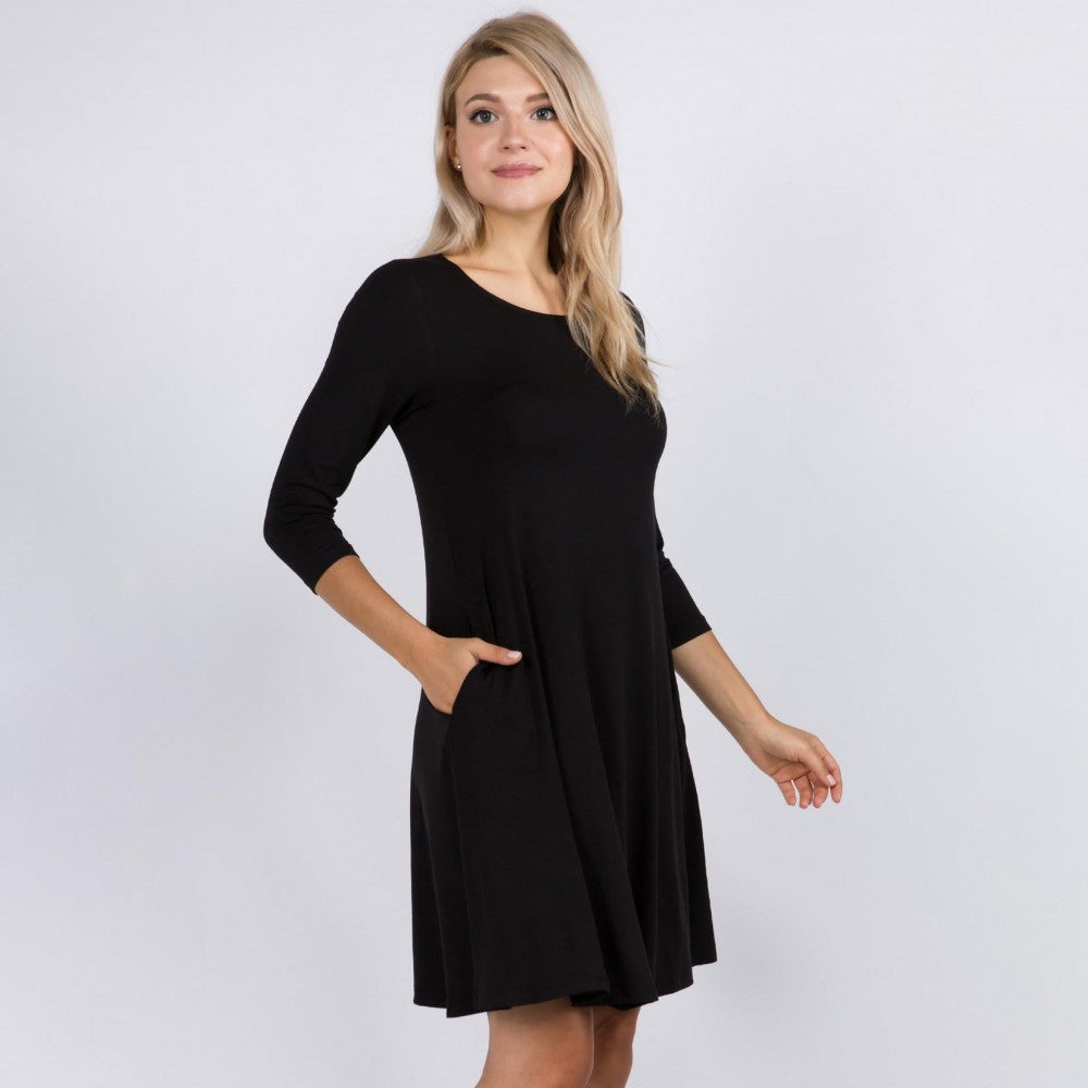 Black 3/4 Sleeve Swing Dress W/ Pockets