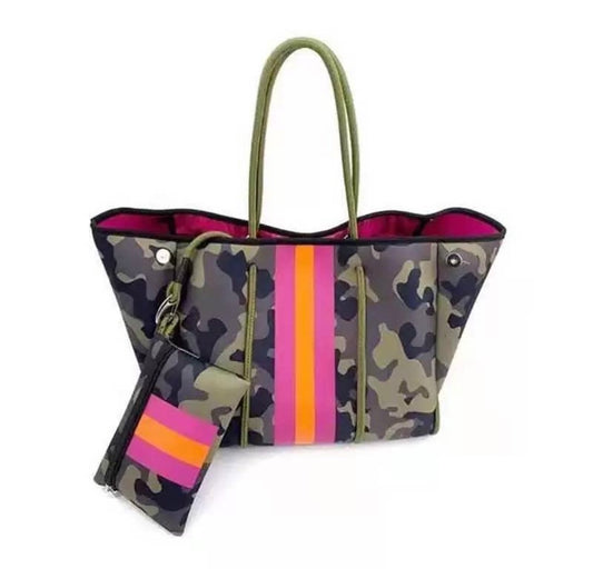 Green Camo Pink Striped Neoprene Tote Bag