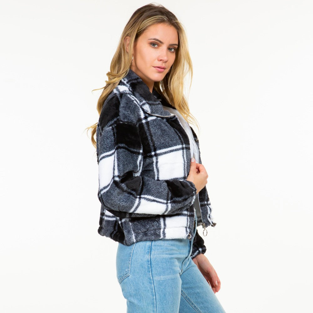 Faux Fur Black Plaid Zip Up Jacket With Drawstring Waist