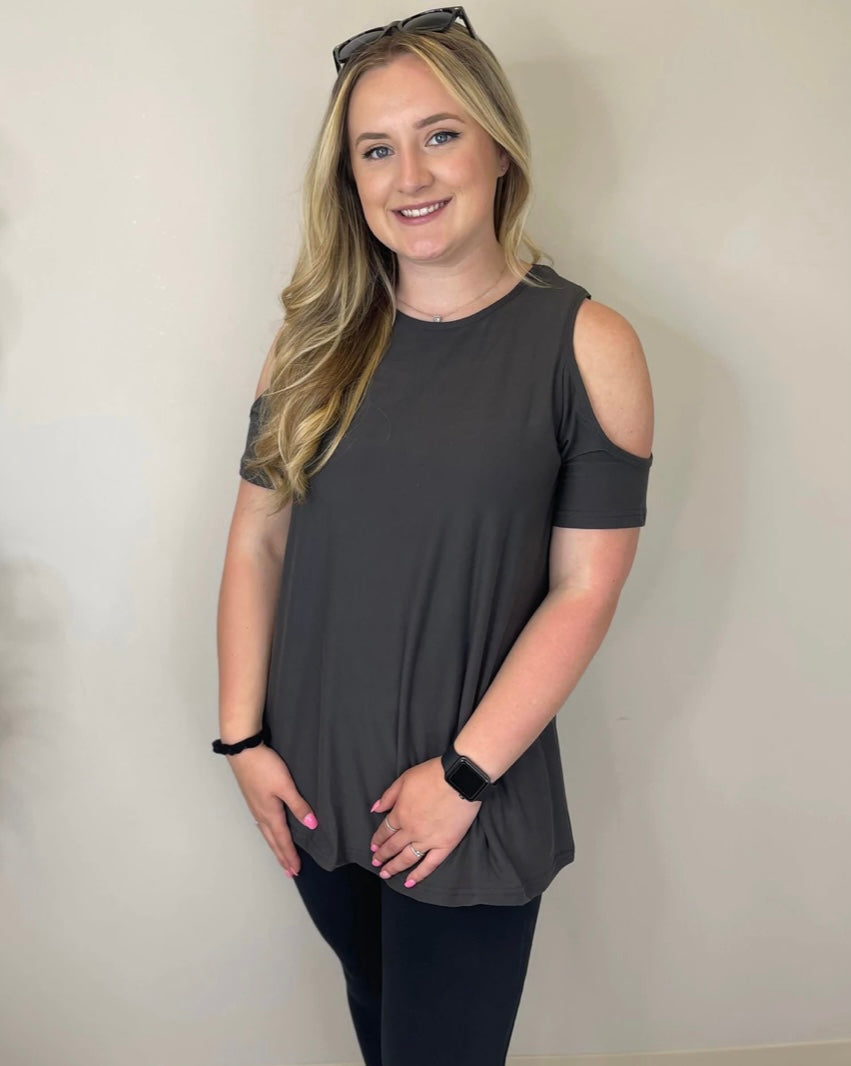 Leggings material Solid Cold Shoulder Tops- multiple colors!