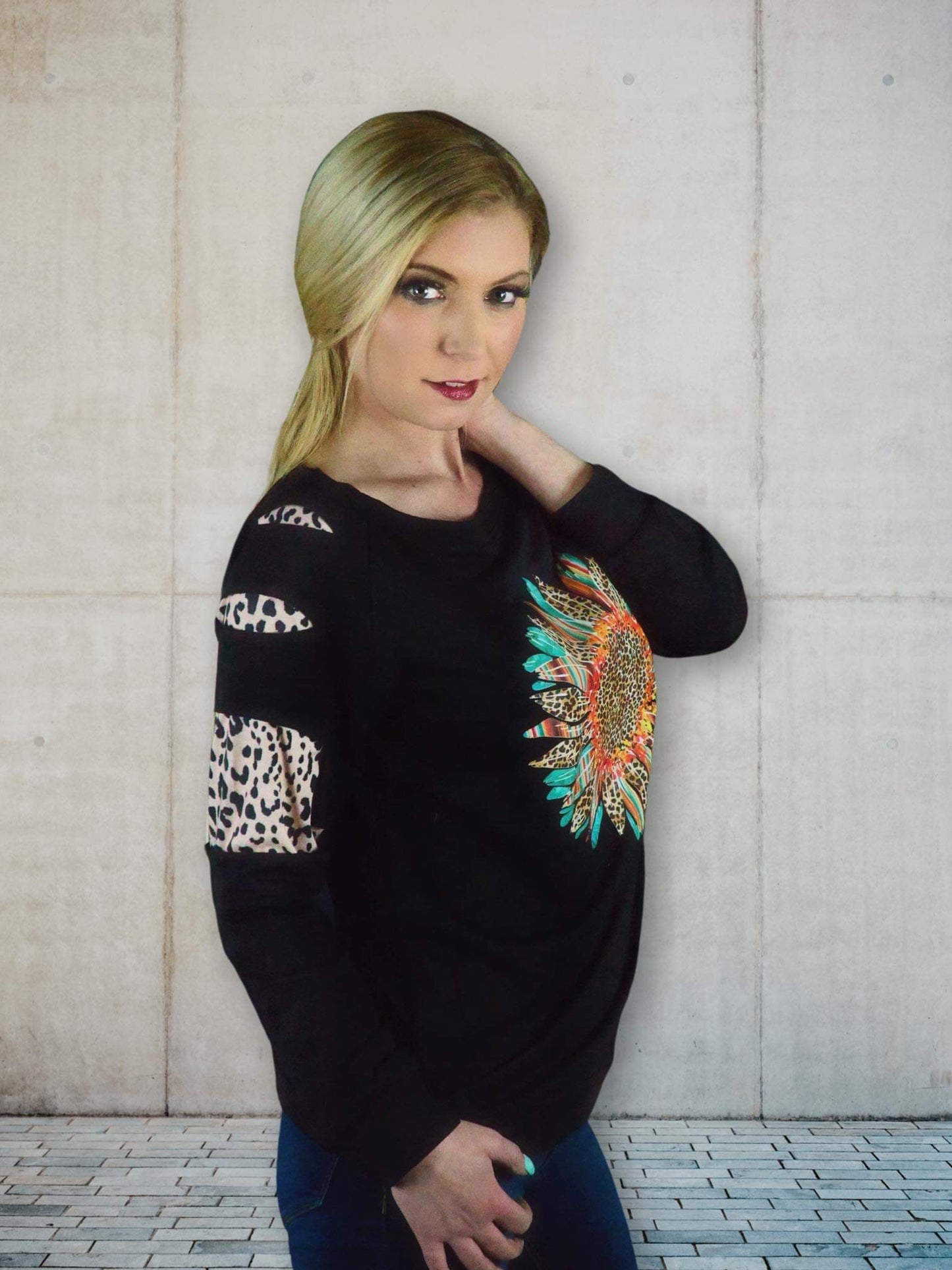 Leopard Sunflower One Shoulder Sweatshirt