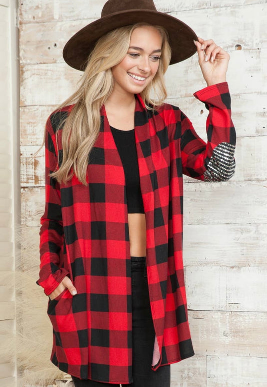 Plaid Sequin Elbow Patch Cardigan - Full Size Run