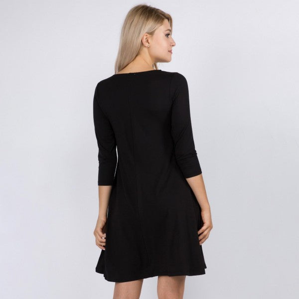 Black 3/4 Sleeve Swing Dress W/ Pockets