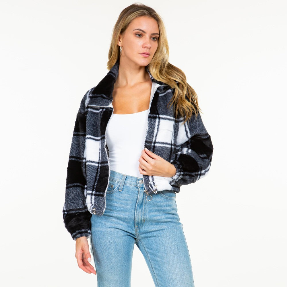Faux Fur Black Plaid Zip Up Jacket With Drawstring Waist