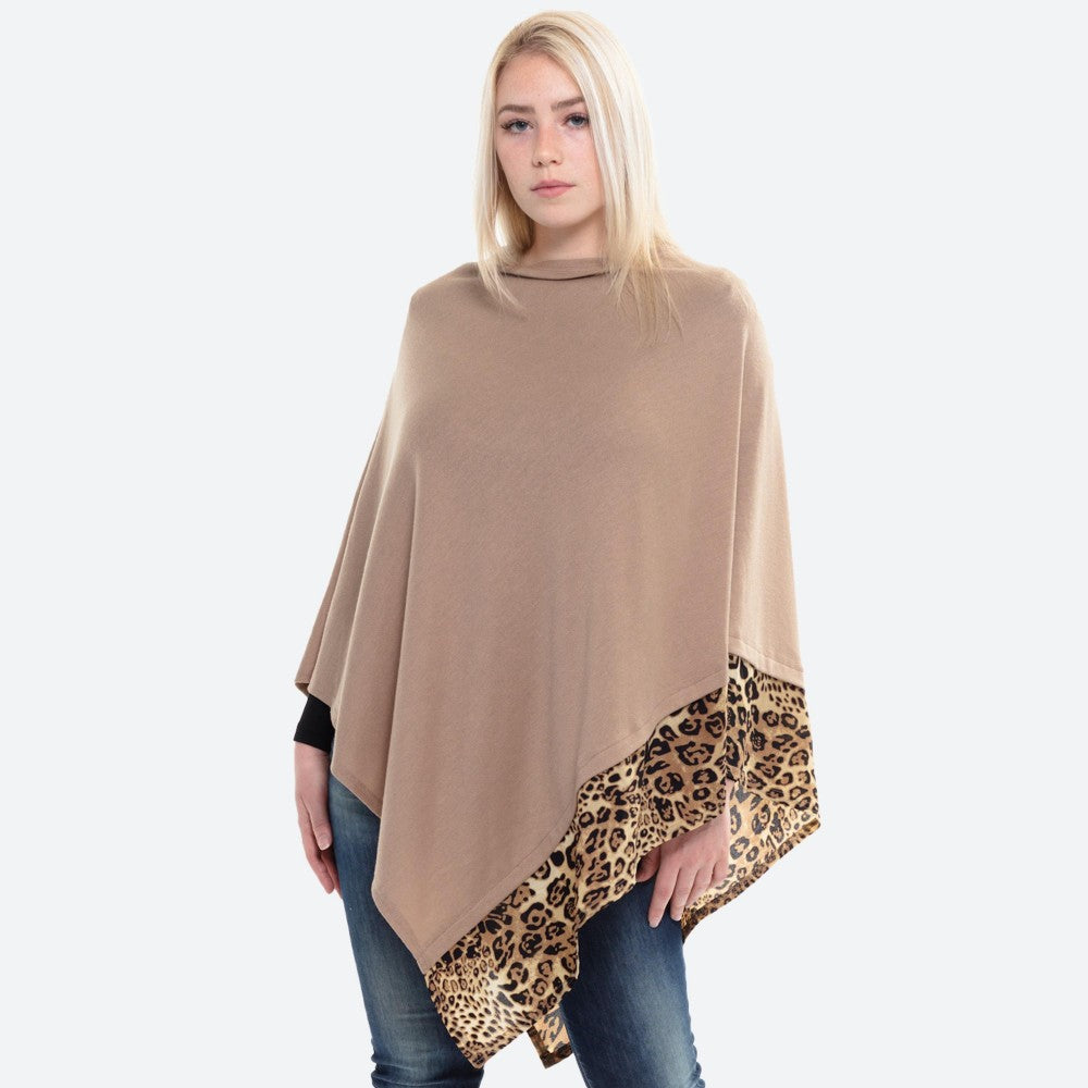 Leopard Trimmed Lightweight Knit Poncho-3 Colors