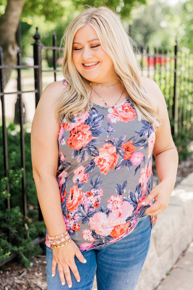 Grey Plus Size Floral Racerback Tank Top