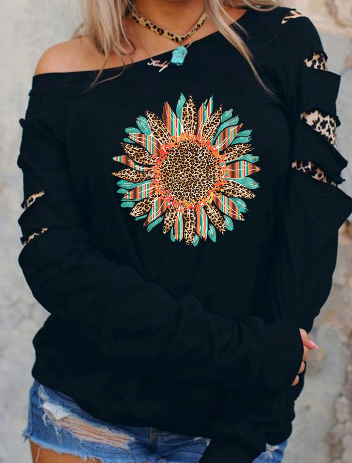Leopard Sunflower One Shoulder Sweatshirt