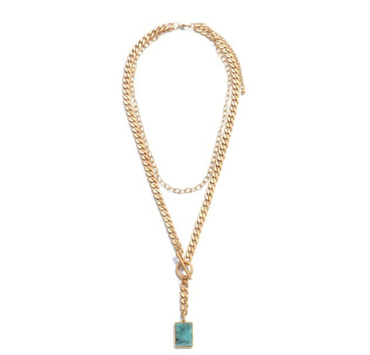 Curb Chain Layered Semi Precious Toggle Bar Necklace