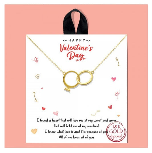 18k Gold Dipped Necklace Featuring Linked Rings Charm With Cubic Zirconia Accent