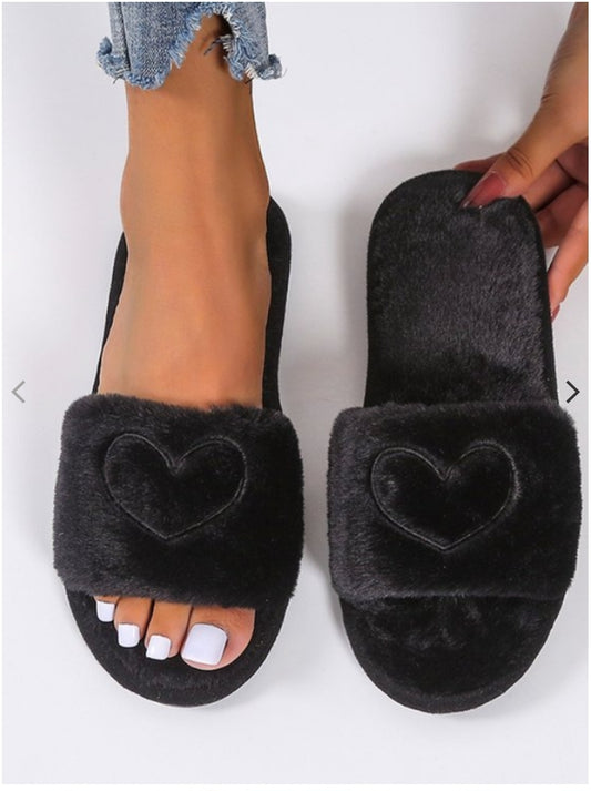Black Soft Slippers W/ Heart