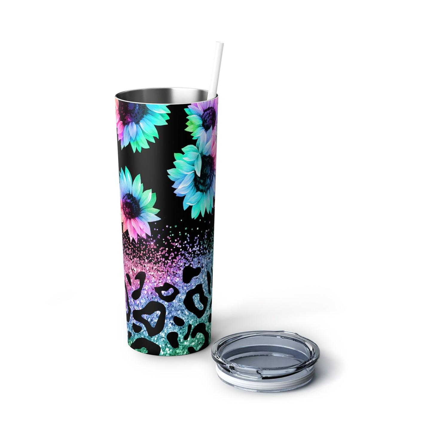 Multi Color Sunflowers & Leopard Print Skinny Steel Tumbler with Straw, 20oz