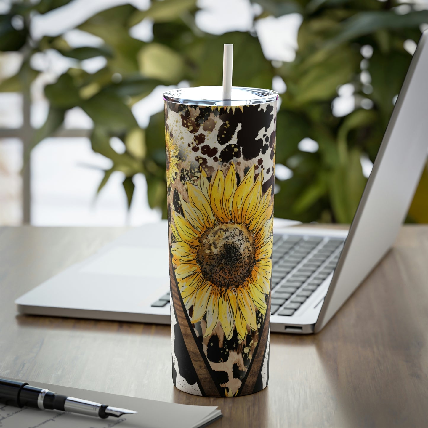Sunflowers Cow Print Skinny Steel Tumbler with Straw, 20oz